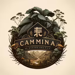 a label with leaves, flowers, trees and mountains