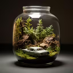 a glass vase with moss, rocks and a white car