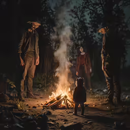 several people looking at a campfire that has been set on fire