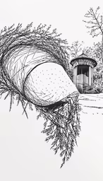 a pen drawing of a hand holding a plant next to a building