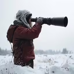 a man taking a photograph in the snow with his long lens