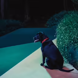 a dog is sitting down on the pavement