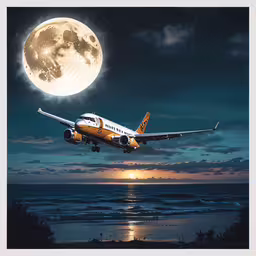an airplane with the moon in the background,the airplane is flying in the sky above the ocean