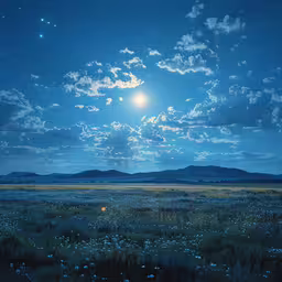 an open field under a large cloud filled sky,a large field filled with blue flowers under the stars