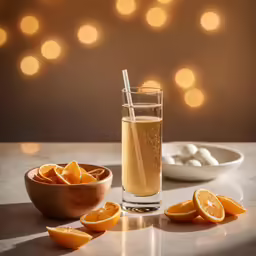 a glass of sparkling water with orange slices