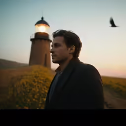 a man is standing near a light house