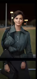 two photos one is of a woman in a gray coat and the other a woman in a grey coat