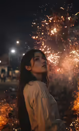 a woman is looking off into the night sky while fireworks fill the air