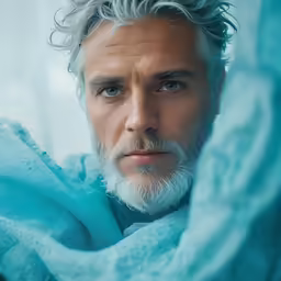 a man with white hair wearing a blanket