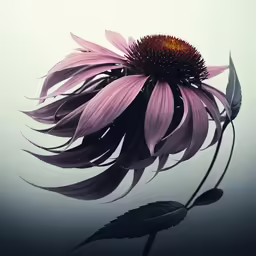 a sunflower with dark brown petals and green stems