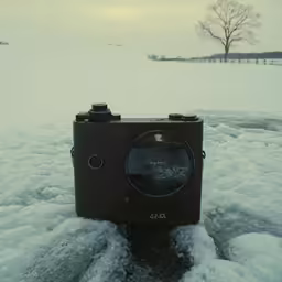 an antique camera in the middle of some snow