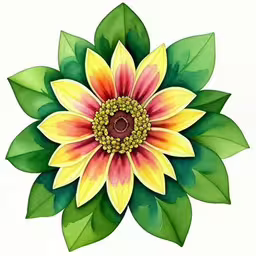 this is a flower with green leaves on it,a green, yellow and red flower with leaves on it,an image of a flower drawn with watercolors,this is an image of a colorful flower,this is a floral art piece created from watercolor paper