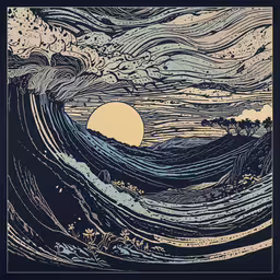 an artistic, psychedelic style illustration of a sunset,a blue and yellow painting with some sort of waves