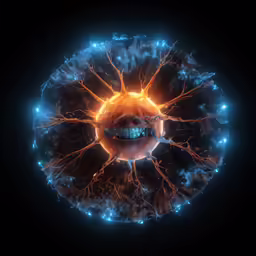 a ball that has some blue lightning and flames around it