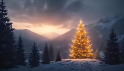 the sun is setting behind a christmas tree