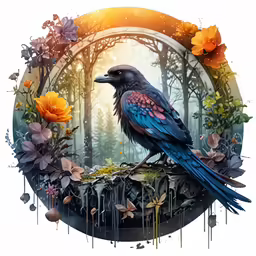 a painting of a bird sitting in a circle of flowers