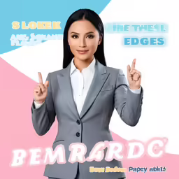 a woman posing for the camera in front of an advertisement