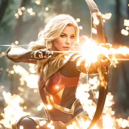 a woman is shown aiming with her bow