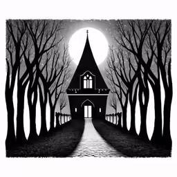 a church with trees and moon in the background