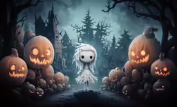 a small girl in a white dress is standing near pumpkins