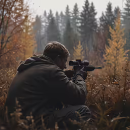 man crouching in a field and aiming an item with a scope