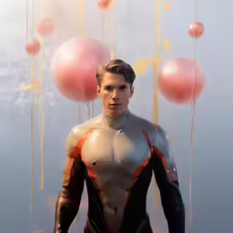 a man with a suit and body painting with balloons
