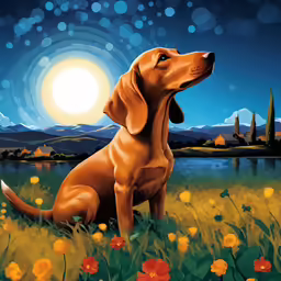 a painting of a dog sitting in a flowery meadow looking up at the sky