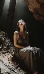 a woman is sitting on a cliff in the forest