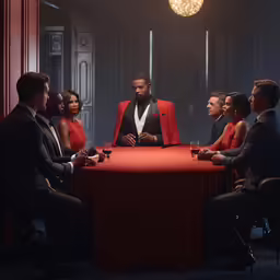 a group of people sitting around a table together
