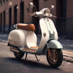 an old - fashioned white motor scooter is parked on the side of a street