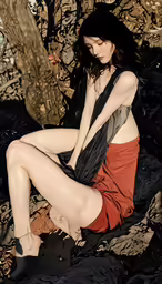 a woman sits on rocks wearing a dress