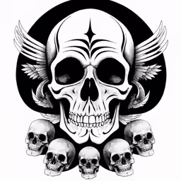 three skulls with wings in a circle