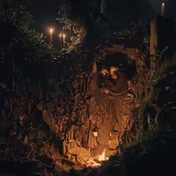 two people standing in front of a fire pit