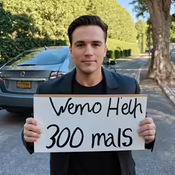 a man holding a sign that says venco help 300 males