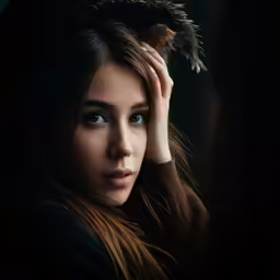 a woman is wearing a crown of feathers in the dark