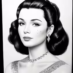 a drawing of a woman with black hair wearing jewelry