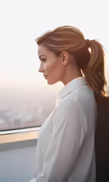 a beautiful young lady in a chair with her back turned towards the camera