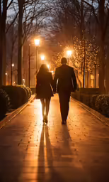 the couple walks down the path at night