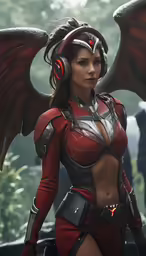 the woman is dressed up as an evil warrior with a pair of ear phones