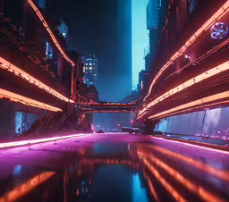 this is a 3d image of a futuristic city street,some buildings at night are lit with neon colors