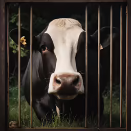 the cow is looking through the fence with its ear