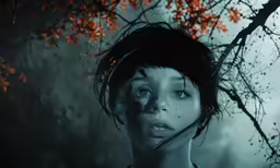 a person with a creepy face and a leafy tree