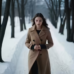 woman in trench coat on snowy path with trees