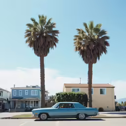 two palm trees leaning over a blue car