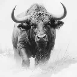the large buffalo is running through the grass