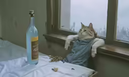 a cat looks like he is wearing overalls and with his paw on the window ledge