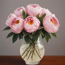 pink peonies are arranged in a glass vase on a table