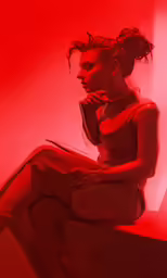 a drawing of a woman in red sits on a chair