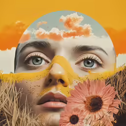 a woman holding a flower looking up at her face