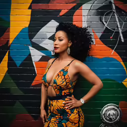 woman posing in front of brick wall with art